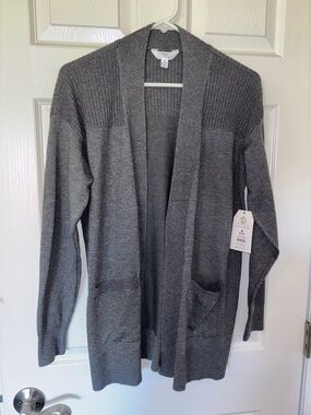 Time and Tru Gray Open-Front Ribbed Cardigan